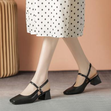 ZHR玛丽珍单鞋女春季新款气质显瘦方头仙女风粗跟包头凉鞋Y708