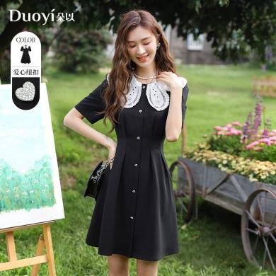 朵以（Duoyi）2023夏季新款甜美洋气镂空花瓣领爱心收腰连衣裙气质小黑裙女装-38VX837012