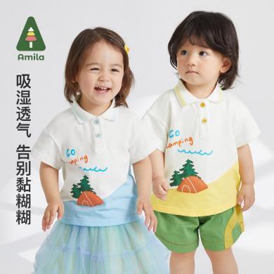 Amila童装夏季新款儿童POLO领T恤撞色卡通宝宝韩版短袖休闲TX120