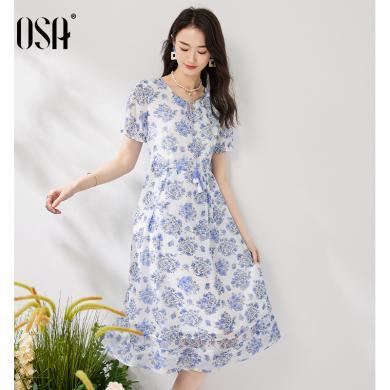 OSA欧莎蓝色短袖雏菊碎花度假连衣裙女士夏季新款仙女气质裙子   S123B13016T