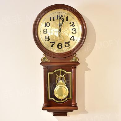 墨菲实木挂钟复古家用高端大气挂表美式欧式客厅壁钟挂墙钟表装饰时钟可报时