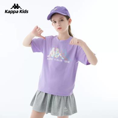 Kappa卡帕童装儿童短袖2024春夏季新款女童纯棉多彩t恤LOGO印花夏装