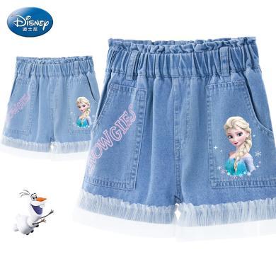 迪士尼儿童裤子夏季时髦女童牛仔裤2023新款爱莎公主休闲短裤女夏
