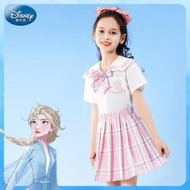 迪士尼公主艾莎学院风女童套装2023夏季新款海军领蝴蝶结甜美套装