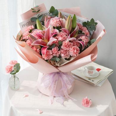 鲜花温馨岁月 粉色康乃馨19枝、3枝多头粉百合 鲜花同城配送妈妈