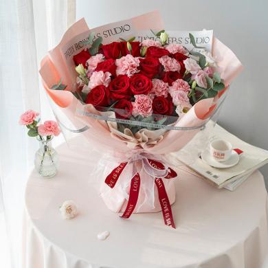 鲜花 幸福安康  粉色康乃馨9枝、13枝红玫瑰