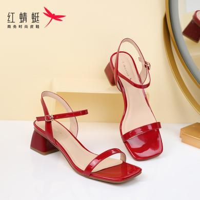 红蜻蜓（RED DRAGONFLY）女鞋夏季法式气质通勤一字带女凉鞋百搭舒适方头粗跟凉鞋子女 WFK233301