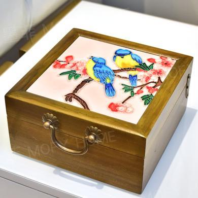 墨菲手绘瓷板画首饰盒新中式复古木制梳妆盒化妆盒桌面整理收纳盒带镜子