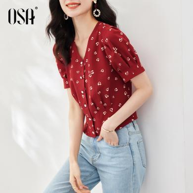 OSA欧莎复古印花红色灯笼袖v领短款衬衫上衣女士夏季新款小个子衬衣   S123B12007T