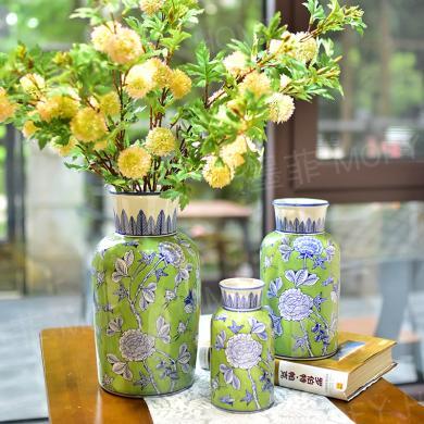 DEVY新中式青花陶瓷花瓶摆件客厅插花美式餐桌复古干花水培花器缠枝纹