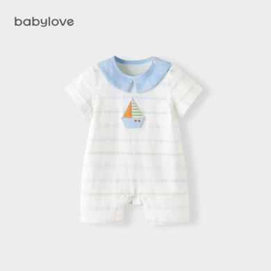 babylove婴儿短袖连体衣夏季薄款纯棉宝宝外出哈衣条纹新生儿夏装