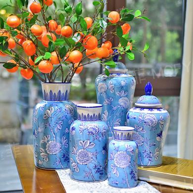 DEVY陶瓷花瓶摆件客厅插花新中式美式餐桌复古干花鲜花水培花器缠枝纹