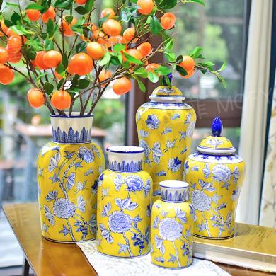 DEVY青花陶瓷花瓶摆件客厅插花现代新中式美式餐桌复古水培花器缠枝纹