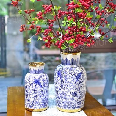 DEVY青花瓷花瓶现代中式轻奢陶瓷插花摆件客厅装饰干花水培花器缠枝纹