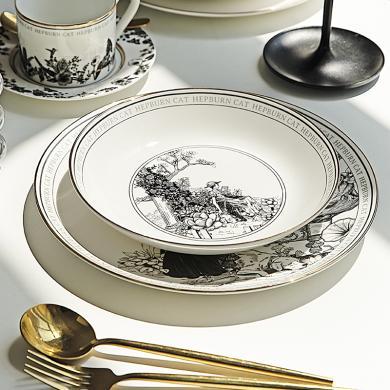 【摩登主妇&赫本猫联名】盘子碗家用2023新款高级感骨瓷碗盘餐具
