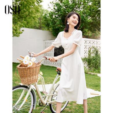 OSA欧莎法式温柔风浮雕感白色方领连衣裙女夏季2023年新款复古小香风收腰裙子  S123B13033T