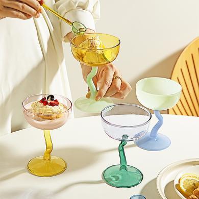 摩登主妇玻璃杯创意撞色高脚杯冰淇淋甜品杯家用牛奶果汁喝水杯子