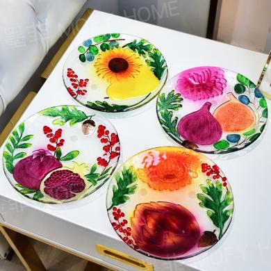 DEVY家用沙拉盘玻璃水果盘网红轻奢客厅茶几餐桌早餐零食盘点心盘子热熔手绘系列