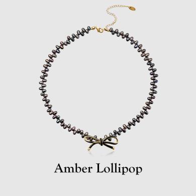 安铂洛利珍珠项链女设计感小众蝴蝶结锁骨链黑色珍珠颈链甜酷饰品220617848