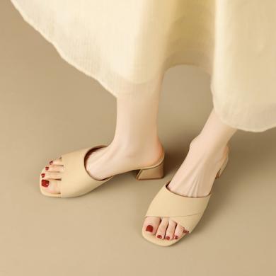 ZHR夏季新款褶皱纯色一字中跟拖鞋时尚方头粗跟外穿凉拖女BL159