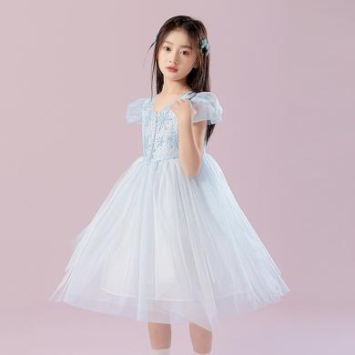 韩优儿童网纱公主裙夏季新款小女孩韩系气质泡泡袖女童夏款连衣裙X98031
