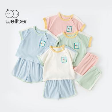 威尔贝鲁儿童套装夏季短袖宝宝新款衣服男童女童洋气时髦童装撞色拼接短袖套装