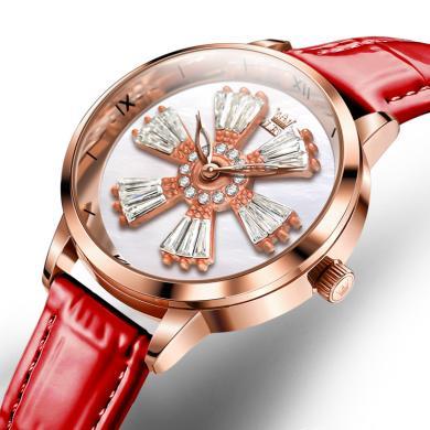 欧利时(OLEVS)瑞士品牌手表女士新款镶钻石英表时来运转防水真皮带时尚腕表
