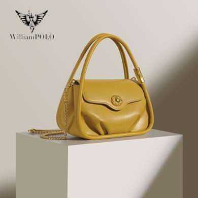 英皇保罗/WILLIAMPOLO 牛皮斜挎包2024新款包包女夏小众设计复古手提褶皱包 POLO219001