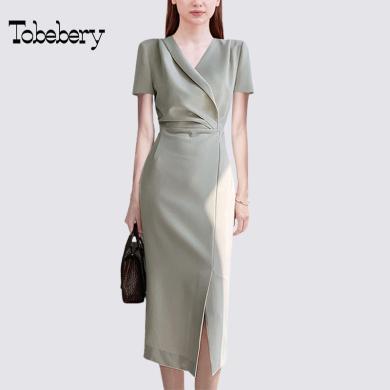 tobebery2023夏季新款短袖v领连衣裙女修身显瘦侧边开叉高级感裙子气质