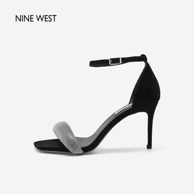 Nine West/玖熙一字带凉鞋女高跟2023年夏季新款闪钻条带细跟方头NN302001SK