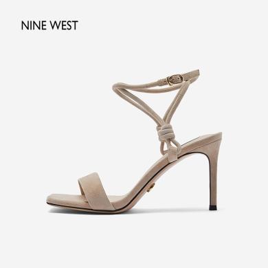 Nine West/玖熙一字带凉鞋女2023年夏季新款气质踝带绒面超高跟鞋NN353032SK