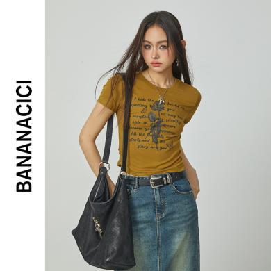 BANANA CICI香蕉宝贝夏季新款复古撞色图案做旧印花T恤女显瘦上衣潮C233TX020