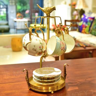 DEVY黄铜咖啡杯架子新中式古典家用杯碟收纳挂架客厅餐桌水杯置物架