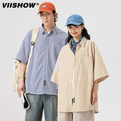 VIISHOW格子衬衣男士夏季冰丝短袖上衣日系复古宽松休闲半袖衬衫 CD7267232