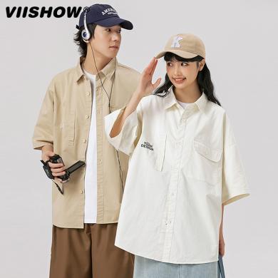 VIISHOW夏季复古纯色短袖衬衫男翻领穿搭宽松休闲半袖衬衣外套 CD7261232