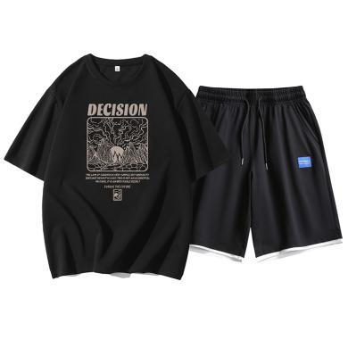 稻草人2023新款短袖t恤两件套衣服男款潮牌上衣夏季男装宽松半袖男生体恤衫套装YD.k-8890