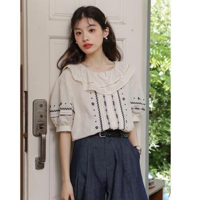艾米恋 夏季新款雪纺衫设计感法式复古娃娃领刺绣镂空短袖衬衫女X-AML3510