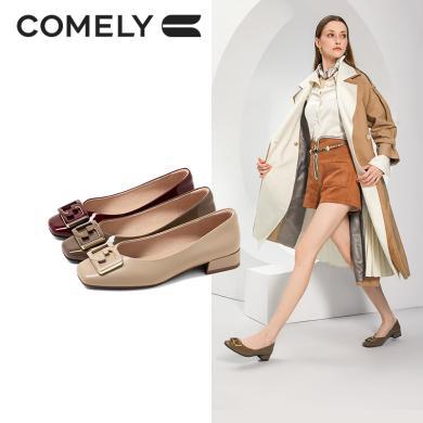 康莉KYQ3A610单鞋女秋季方头粗跟羊皮低跟时尚通勤工作鞋