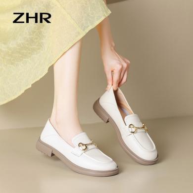 ZHR法式单鞋女一脚蹬秋冬新款乐福鞋白色英伦小皮鞋BT38