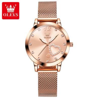 欧利时(OLEVS)瑞士品牌手表女玫瑰金石英表女士防水钢网带正品时尚休闲风腕表