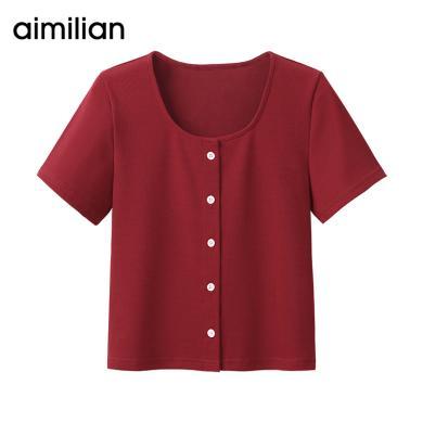 艾米恋红色针织开衫短袖t恤女夏季短款外搭薄款圆领宽松红色上衣 Z4316