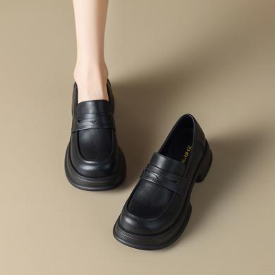ZHR乐福鞋女夏季新款厚底粗跟复古休闲小皮鞋黑色英伦风单鞋AHT328M