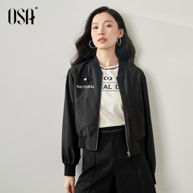 OSA欧莎黑色休闲运动棒球服外套女秋装新款宽松显瘦字母印花短上衣   S123C25011T