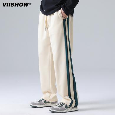 VIISHOW复古街头侧边拼色直筒运动裤男潮牌宽松bf风百搭垂感长裤 KC8510233