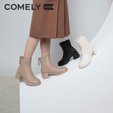 康莉KFS3A816时装靴女粗跟2023年冬季新款高跟圆头加绒软羊皮短靴子
