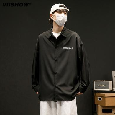 VIISHOW美式复古黑色长袖衬衫男cityboy廓形休闲衬衣薄外套 CC022233