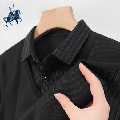 欧保罗男士条纹假两件衬衫领秋季新款商务休闲针织衫弹力保暖毛衣-BL908111