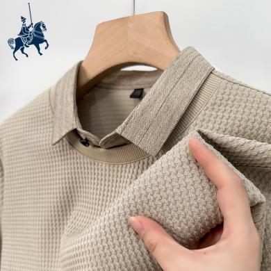 欧保罗男士假两件衬衫领秋季新款商务休闲针织衫弹力保暖毛衣-BL908116