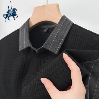 欧保罗男士假两件衬衫领秋季新款商务休闲针织衫弹力保暖毛衣-BL908115