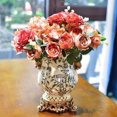 墨菲 陶瓷花瓶摆件客厅插花复古欧式美式装饰餐桌干花仿真花花艺